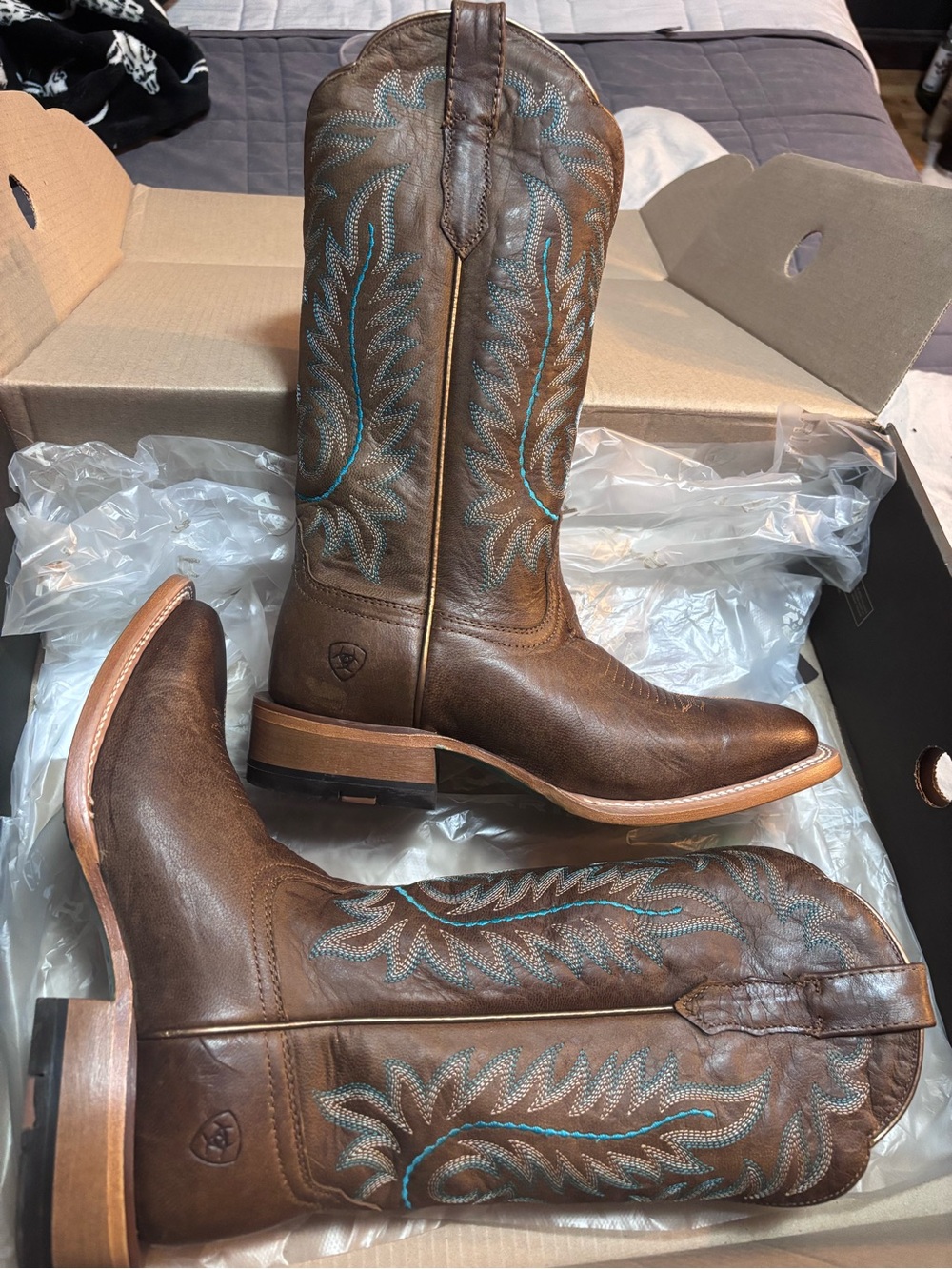 Ariat Brown Leather Western Boots with Teal Stitching